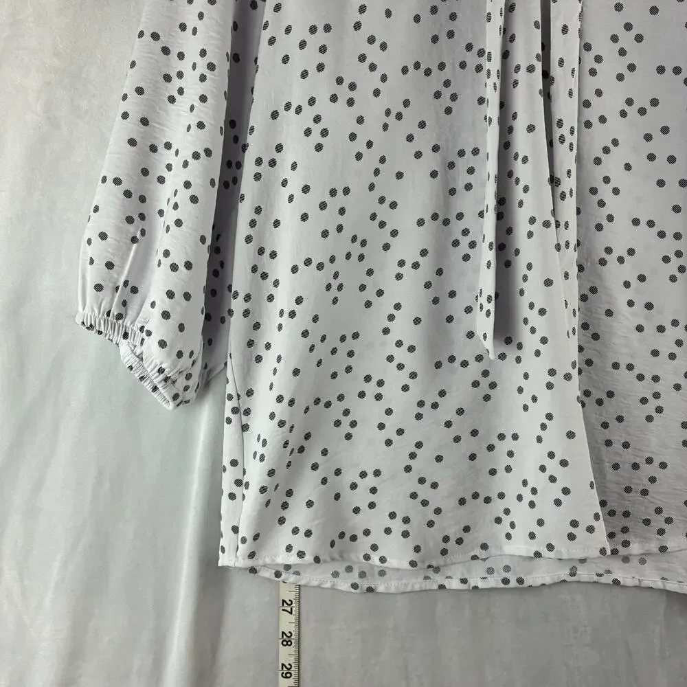 NYCC Popover Polka Dot Blouse Top Womens Large Tie Neck Grey White Twee Playful